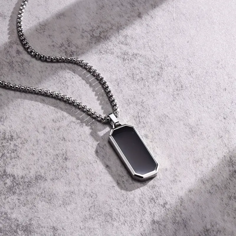 1pc Elegant Men's Stainless Steel Necklace with Sleek Black Enamel Geometric Pendant - Durable 201 Stainless Steel, Ideal Personal Gift for Him 1