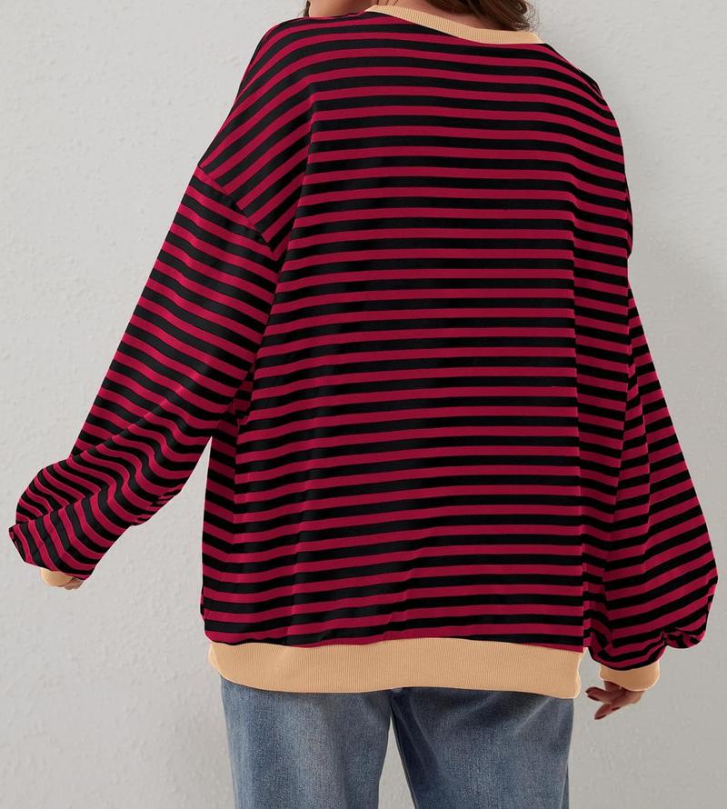 Product Introduction of Women's Colorblock Striped Print Contrast Binding Drop Shoulder Sweatshirt, Casual Long Sleeve Round Neck Pullover for Fall & Winter, Ladies Clothes for Daily Wear, Tops for Women Womenswear Hoodie Bridal Comfort Crewneck Baggy Loose 9