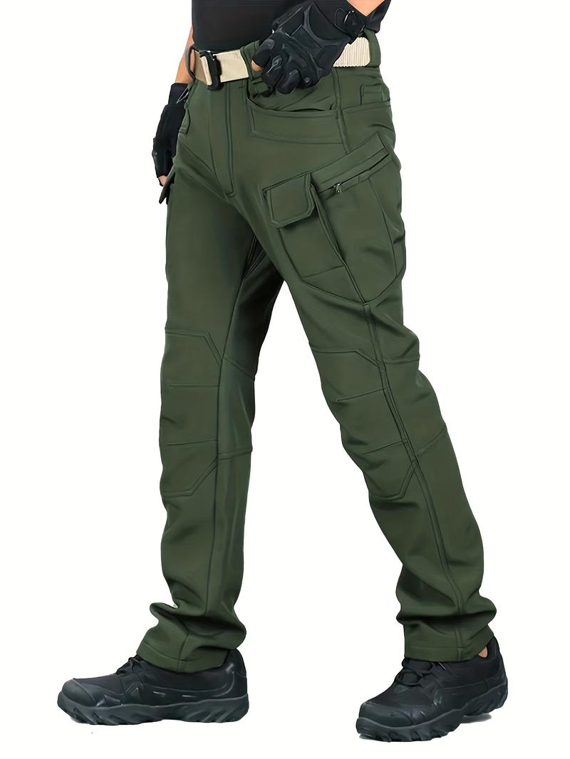 Product Introduction of Men's Solid Color Thermal Cargo Pants, Slightly Stretch Multiple Pockets Design Pants For Winter Outdoor Activities Menswear Trouser Plain Beige 4