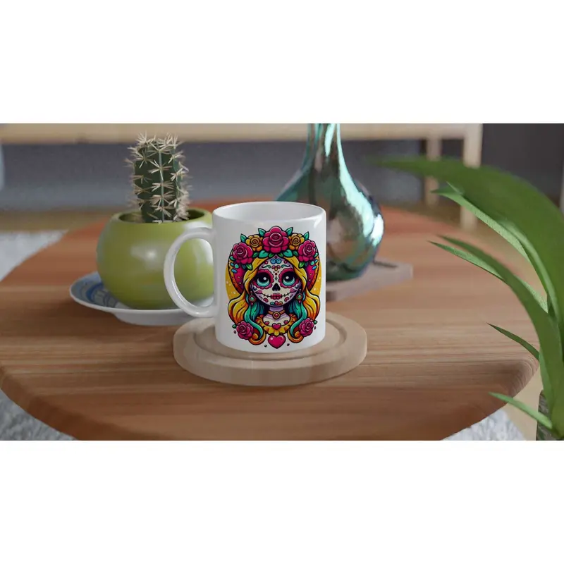 Dia De Muertos  - White 11oz Ceramic Mug Beverage Drinkware Glossy Stylish Glossy Stylish Coffee Tumbler Cup Reuse Washable Reusable Printed 3