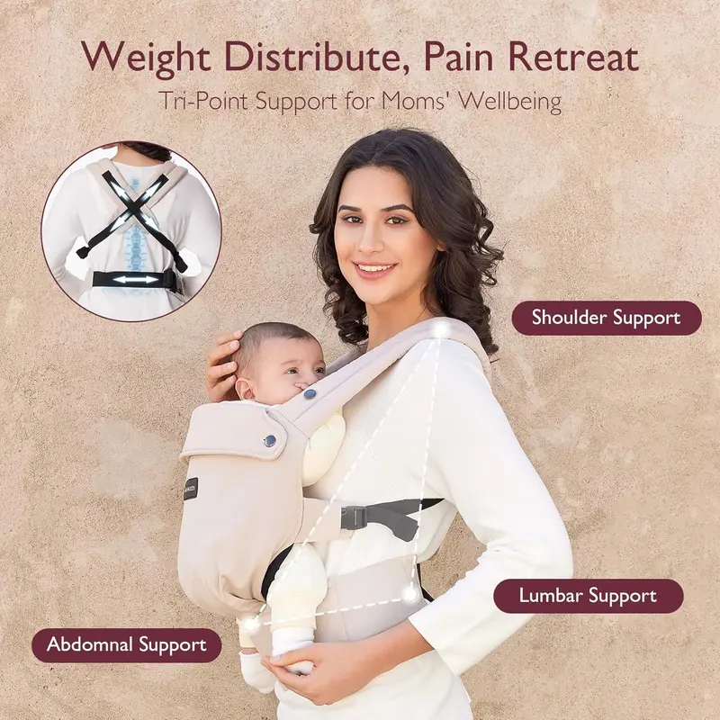 Baby Carrier - Ergonomic, Cozy and Lightweight Infant Carrier for 7-44lbs, Effortless to Put On, Ideal for Hands-Free Parenting, Enhanced Lumbar Support, Khaki 4