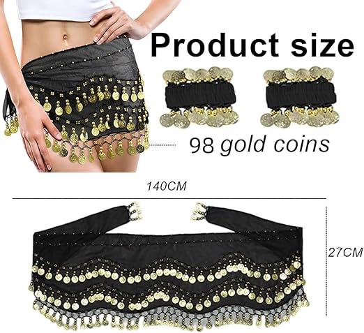 Belly Dance Hip Scarf with Bracelets, Chiffon Belly Dance Scarf Wrap Belt Sash Skirt with Gold Coins for Performance Costume Belly Dance Yoga Class Womenswear Clothes Fabric Fits Lightweight Outfits Top Comfort Black 1