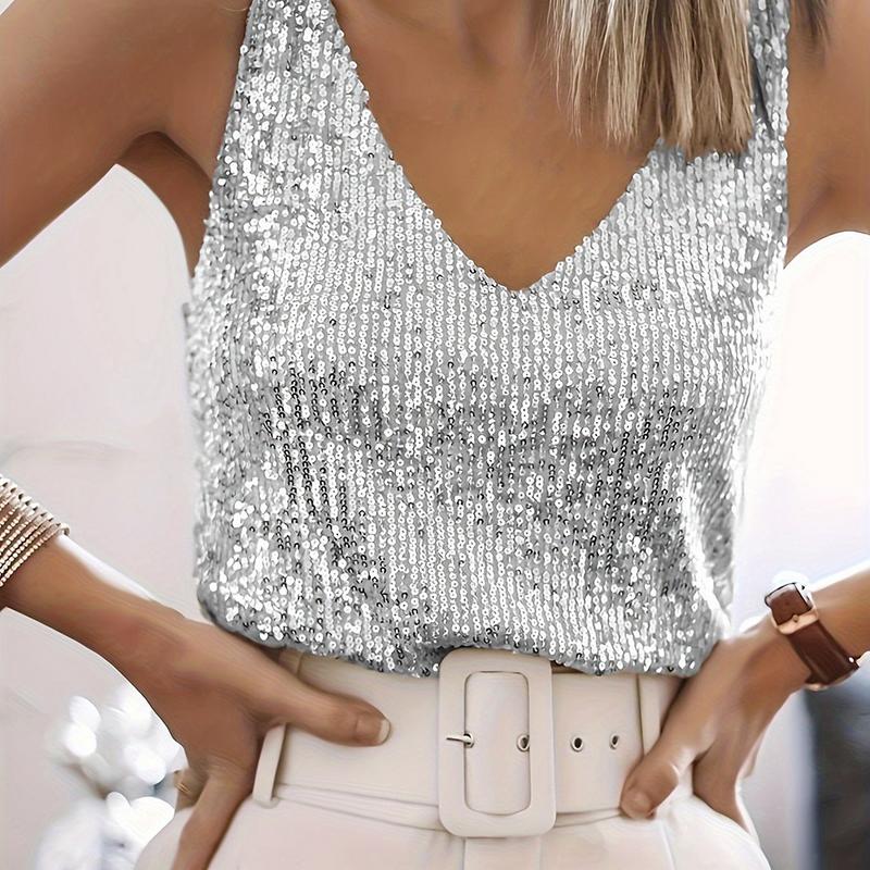 Product Introduction of Blouses & Shirts, Womenswear Top Sleeveless Vneck Comfort Sequined V Neck Elegant Tank Top, Women's Sleeveless Clothing,Womens Full Sequin Tank Tops Glitter Club Party Sleeveless Shirt Sparkle Blouses V-Neck Loose Shimmer Vests. Basic Minimalist 3