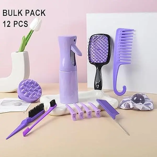 12pcs Hair Styling Comb Set, Detangling Brush Set for Curly Hair with Hair Spray Bottle, Paddle Brush, Wide Tooth Comb, Tail Comb and Hair Clips, Fir Thick/Thin/Natural/Long & Short Hairs, Haircare Heatless Styling Tools Comb