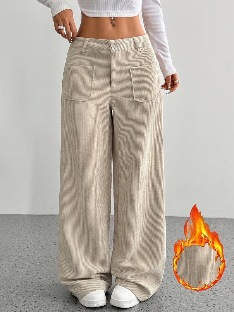 Product Introduction of Comfortable 1pc Women's Wide Leg Corduroy Pants, Solid Pattern, Polyester, Four Seasons, Adult Fit, Woven Fabric 0