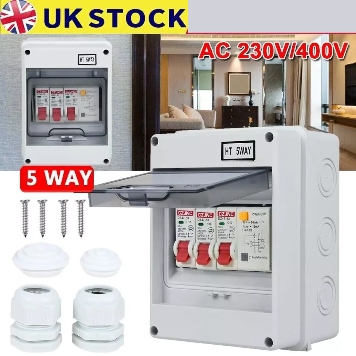 5 Way Garage Shed Camper Van Caravan Consumer Unit Fuse Box with RCD and 2 x MCB
