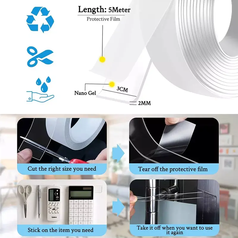 Reusable Tape Double Sided Washable Grip Adhesive Nano Clear Traceless Removable 1