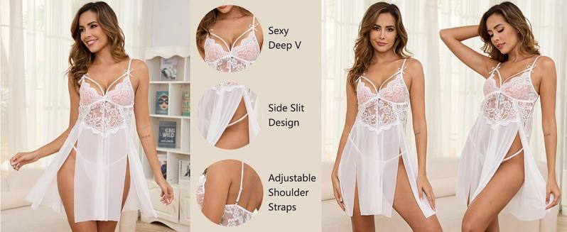Product Introduction of Laven & Ivory Women's Lace Babydoll Dress – Elegant Sheer Sleepwear with Matching G-String, V-Neck Nightwear, Delicate Loungewear Outfit 6