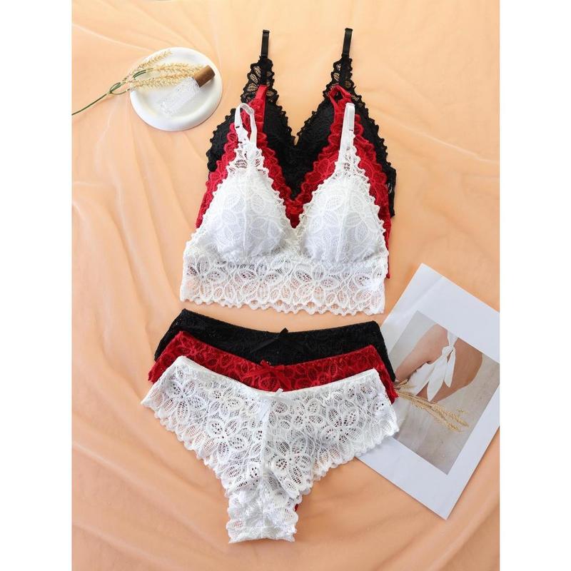 Women's Simple Contrast Lace Wireless Bra & Bow Panty Set, Lady Adjustable Spaghetti Strap Bralette & Knicker, Comfort Summer Clothes, Lingerie & Underwear Set, Underwear for Women, Co Ords for Women Womenswear Comfortable 2