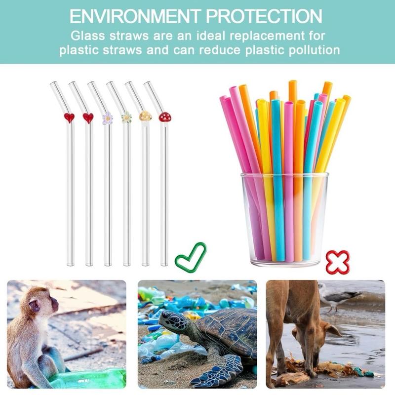 6pcs Heart, Flower & Mushroom Reusable Glass Straws with 2 Cleaning Brushes Shatter Resistance Eco Friendly (20cm) Drinkware 4