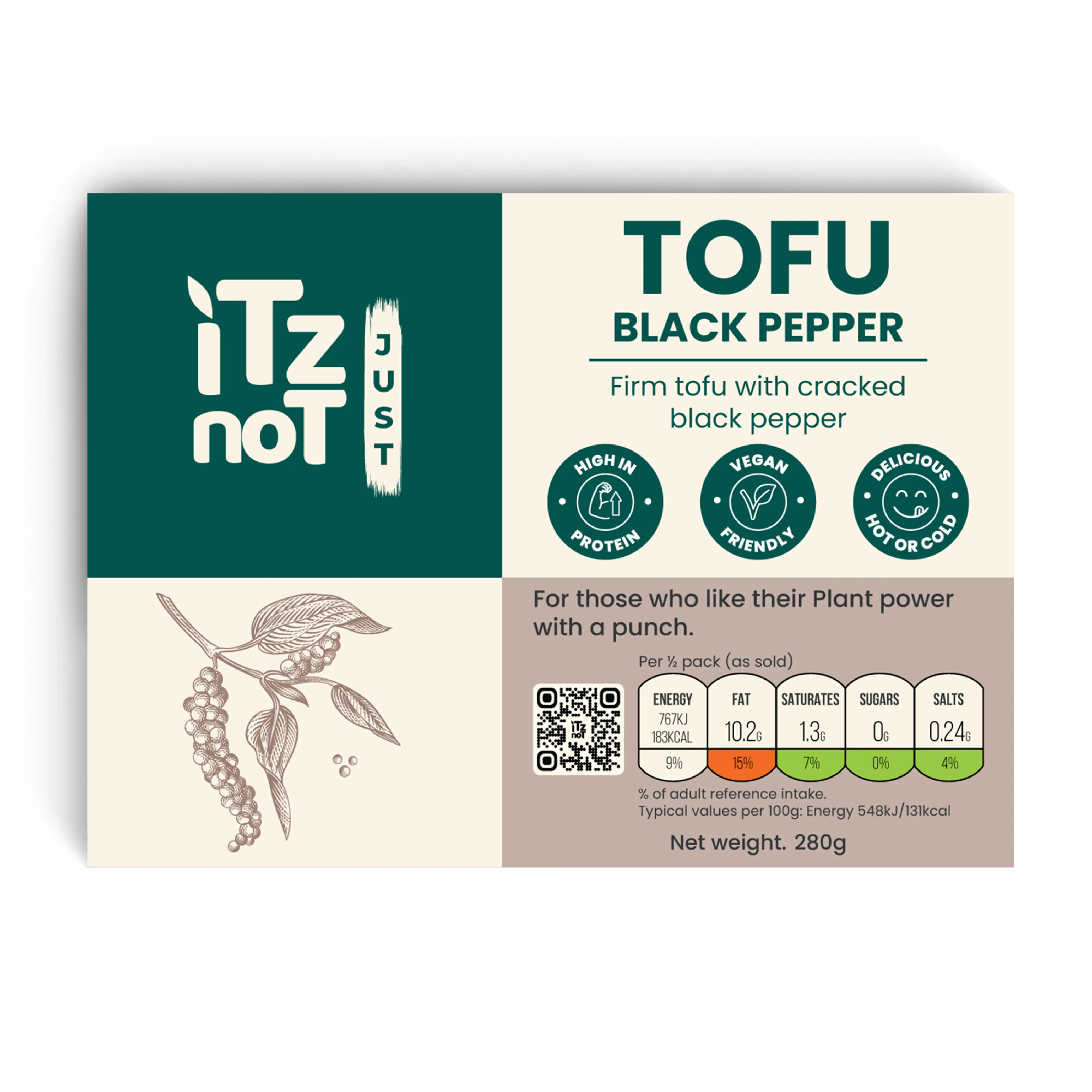 'iTz noT Just' Tofu - It's Black Pepper Tofu. Firm, Vegan, High Protein Tofu With Cracked Black Paper. 280g