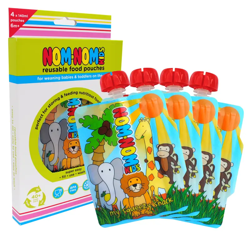 Reusable Food Pouches - 4 x 140ml Animal Pouches suitable for Baby, Toddler and kids 0