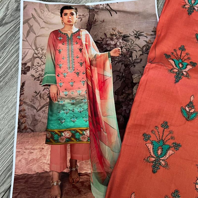 Embroidered lawn 3 piece. Lawn dupatta. Unstitched. Pakistani/Indian summer outfit. Casual. 2