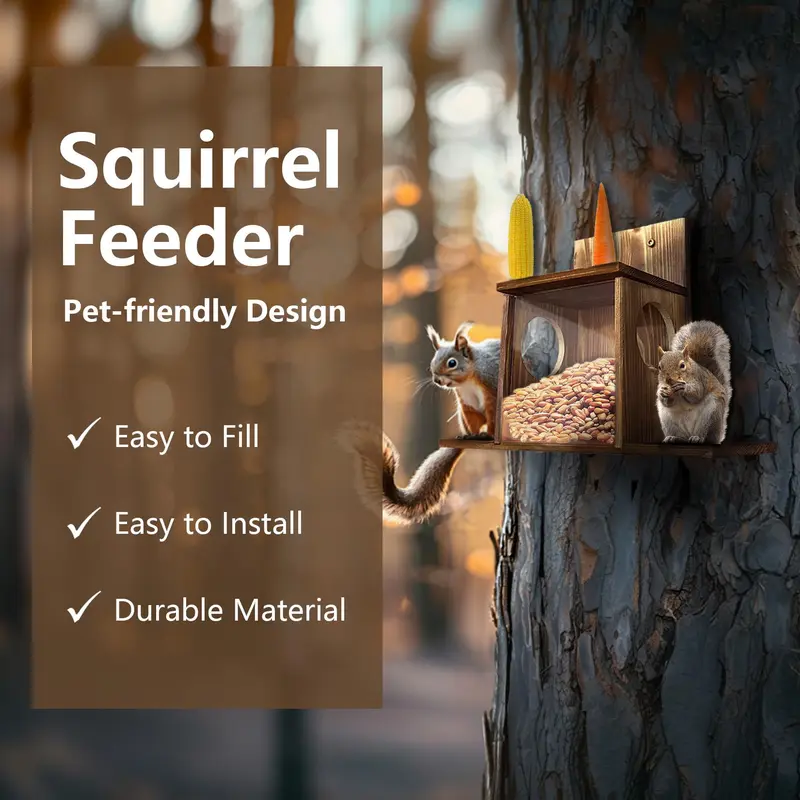Wood Squirrel Feeder Box for Backyard Garden, Durable Wall Hanging House, Carbonized Wood, Chinchilla Feeder Box 7