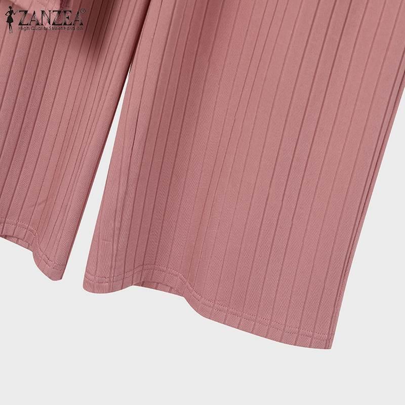 Product Introduction of Long Sleeve Blouse Wide Leg Pants Sets ZANZEA Women Matching Sets Solid Islamic Clothing Muslim Tracksuit Outifits 2PCS 24