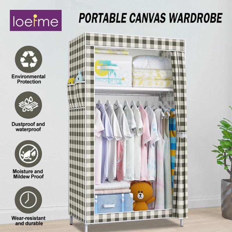 Single Fabric Canvas Wardrobe Clothes Cupboard Shelves with Hanging Rail Storage 4