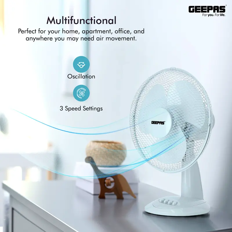 Geepas Portable Desk Fan 12 Inch, 3 Speed, Quiet Operation, White 6