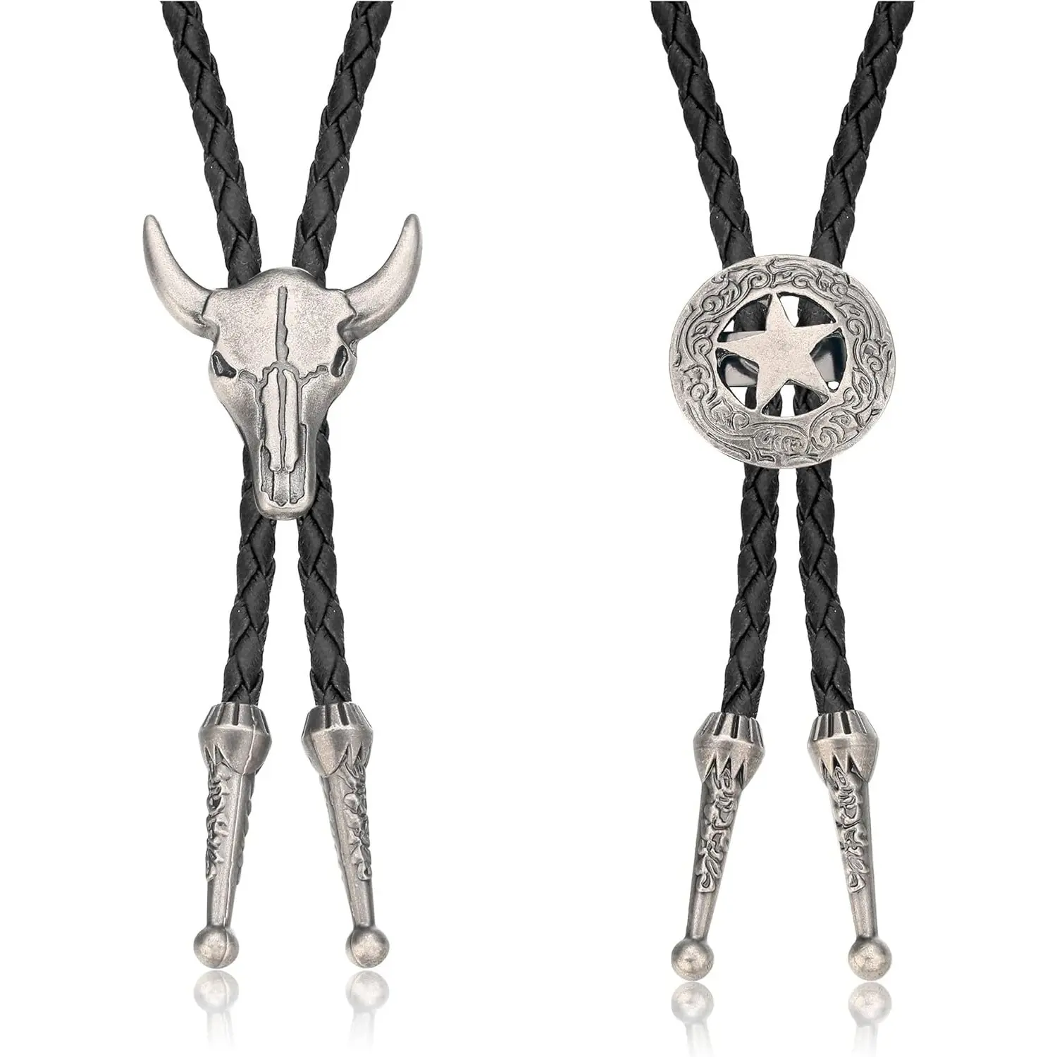 MILACOLATO 2Pcs Leather Tie Necktie Cow Skull Texas Ranger Star Chain for Men Rodeo Bolo Tie Necktie