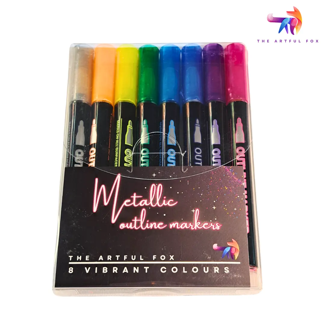 8 Metallic Outline Markers by The Artful Fox - Self-Outlining Pens with Silver Ink & Rainbow Accents - Water-Based for Arts, Crafts & Scrapbooking