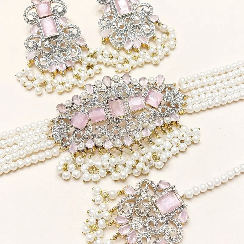 Zircon Choker Set with Real Stone MJB 045 - Bridal Set with Earrings,Tikka, and Pearls Bandhai Necklace 7