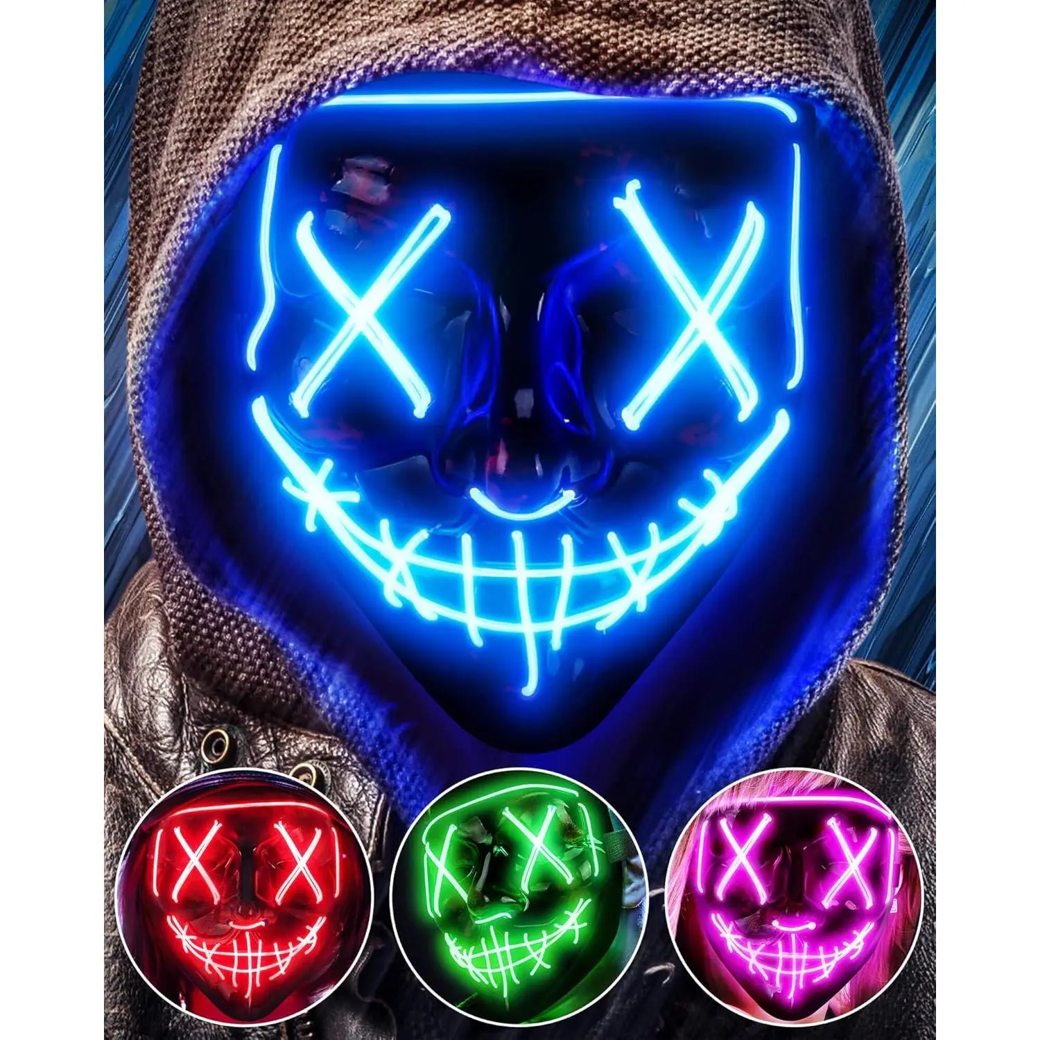 Scary LED Halloween Mask, Light up Mask Cosplay, LED Rave Face Mask Costume 3 Lighting Modes, Halloween Face Masks for Men Women Kids