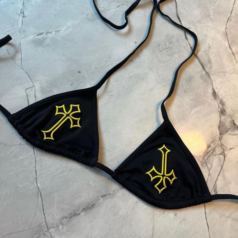 ‘CROSSED OUT’ BIKINI TOP- BLACK & YELLOW 0