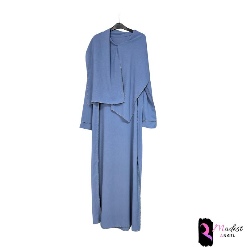 Gold stitch abaya maxi dress attached scarf in 12 colors beige pink dark turquoise black olive green caramel sapphire blue brown grey dark grey bottle green cream light cobalt blue modest islam comfort muslim clothing islamic clothing long sleeve solid mi 3