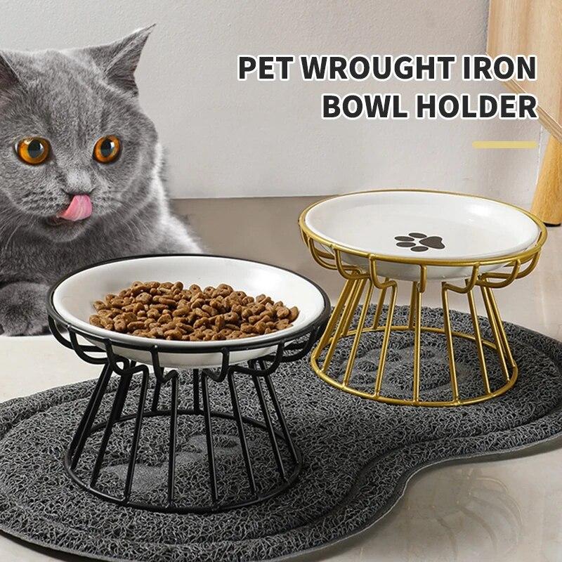 【LOLOVELO】1Set Pet Ceramic Bowl Iron Rack Cat Food Snacks Canned Plate Anti-black Chin Anti-turning Water Does Not Leak Easy To Eat 1