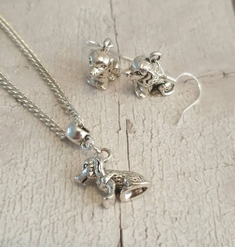 Handmade Antique Silver Dog Charm Jewellery Set, Dangly Earring And Necklace Set In Gift Bag, Cord And Chain Options 0