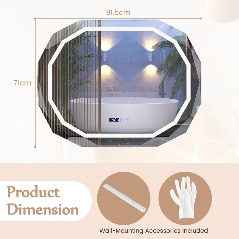 COSTWAY Anti-Fog Mirror LED Bathroom Mirror with 3 Color LED Light 8