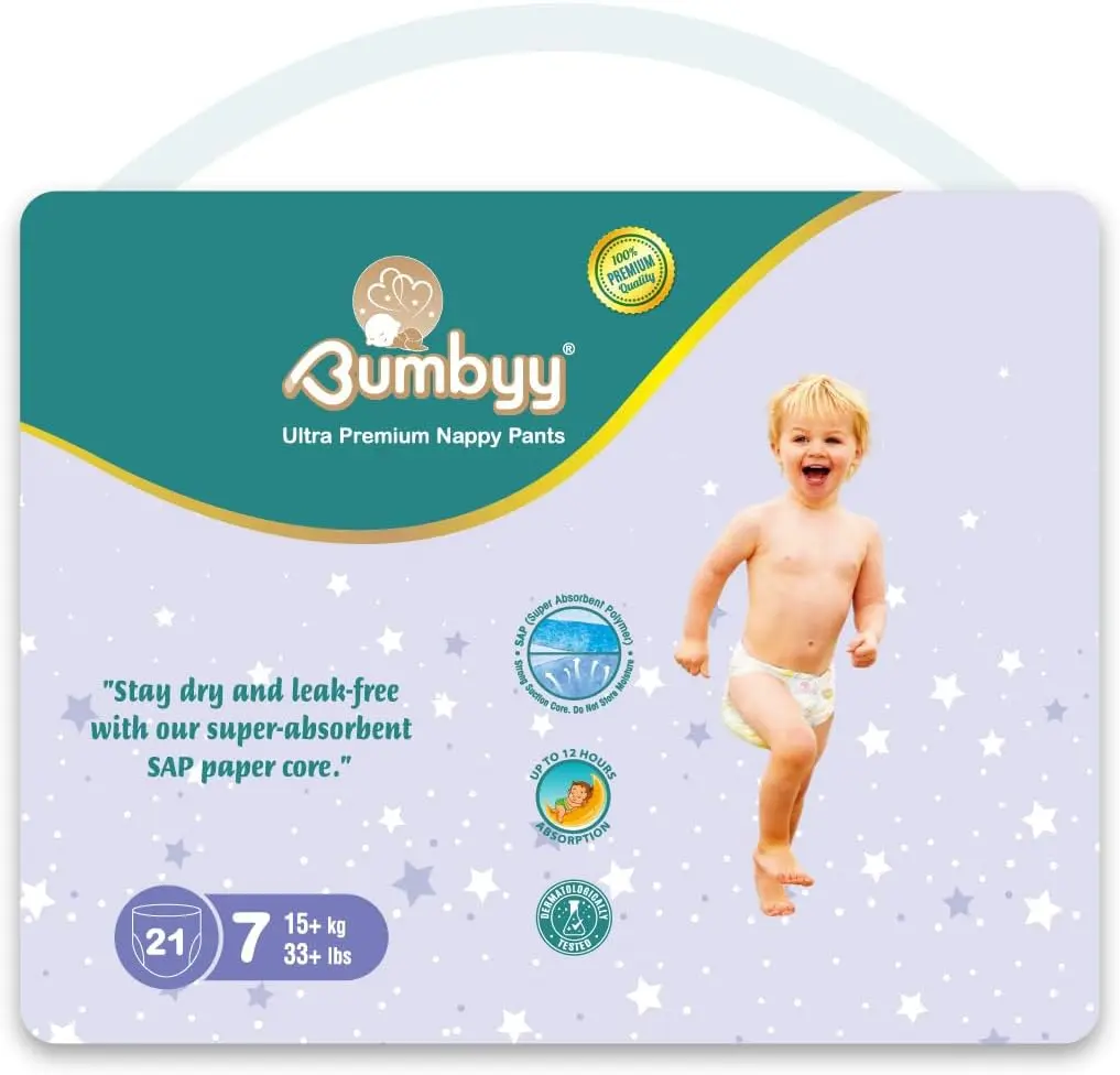 Bumbyy Premium Nappy Pants - Baby Nappies Size 7 (15+kg, 33+lbs) with Ultra-Absorbent SAP Core - Chemical Free, Hypoallergenic and dermatologically Tested Soft & Thin 21 Pull ups for Sensitive Skin