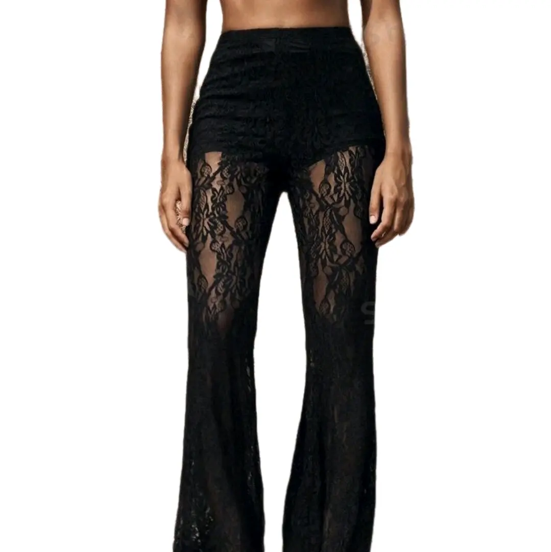 Opulessa Women's High Waist Flare Lace Knit Vacation Pants - Women's Bottom - Womenswear Comfort Highwaist Minimalist Basic