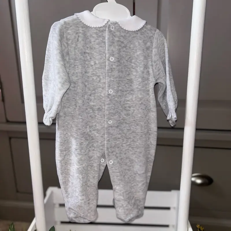 Baby girls grey bow velour baby grow sleepsuit Pex 2