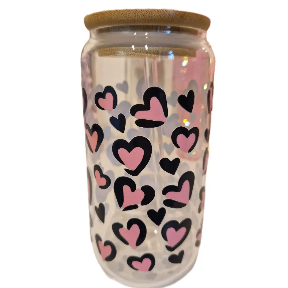 Glass Cup with Heart Stickers - Perfect for Drinks - Bottles, Drinkware Bamboo Straw Beverage glass