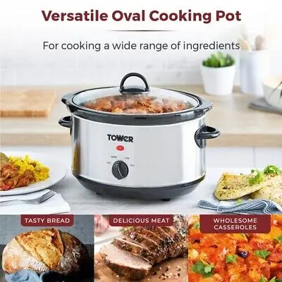 Tower 3.5L Slow Cooker 3 Heat Settings Stainless Steel Silver Family Compact - 3.5L Fast Cooking Easy Clean Design Easy Clean Design Easy Clean Design Non-stick Coating Non-stick Coating Non-stick Coating Non-stick Coating Keep Warm Function Aluminum 4