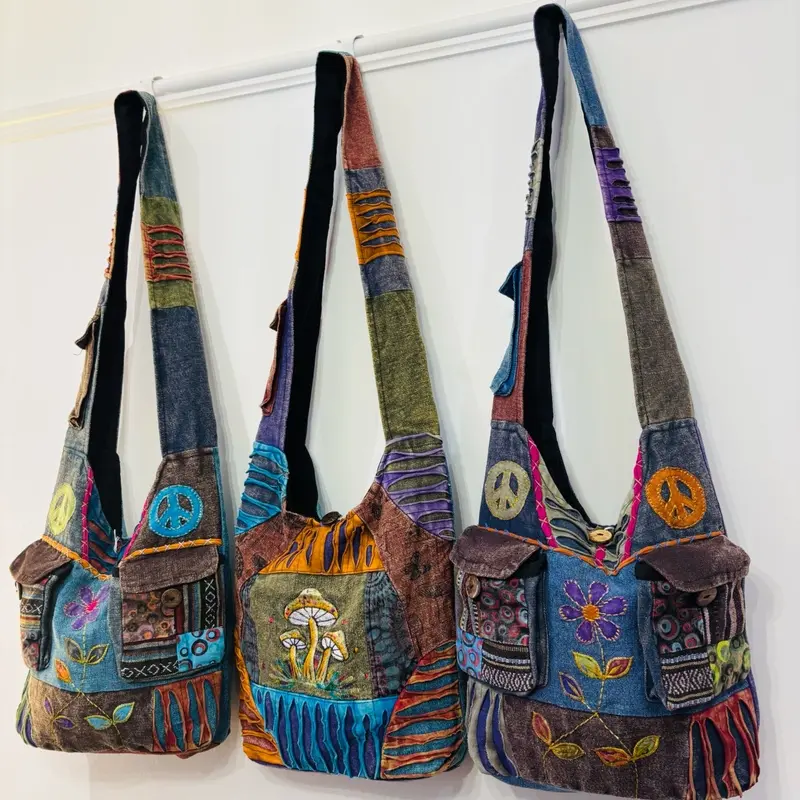 Hippie Crossbody, Boho Cotton Embroidered Bag with Zip Closure 1