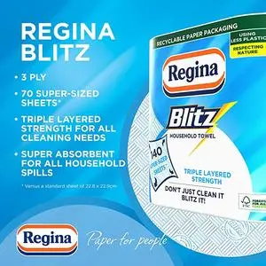 Regina 24 Rolls Blitz Kitchen Towel Super Strong 3 Ply 70 Sheets per roll Amazing Value Kitchen Soft Pattern Cleaning Household kitchen rolls 3