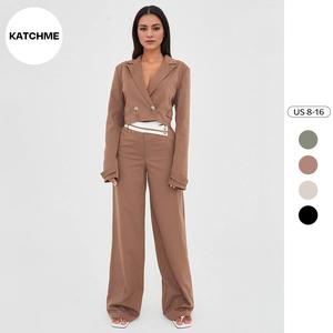 KatchMe Premium Women's Deep V Button Long Sleeve Cropped Blazer & Color Matching Waist Loose Trousers Co-ord,Minimalist Two Piece Outfits,Fall Sets 2024