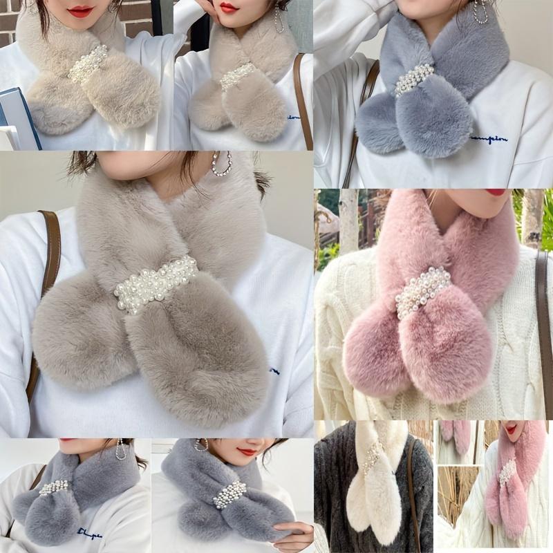 Autumn And Winter Warm Scarf Pearl Fur Neck Warm Plush Scarf Elegant Scarf Scarf Women Autumn And Winter Pearl Fur Plush Neck Imitation Rex Rabbit Fur Warm Thick Pearl Buckle Cross Versatile Christmas Valentine'S Day Holiday Gift 1