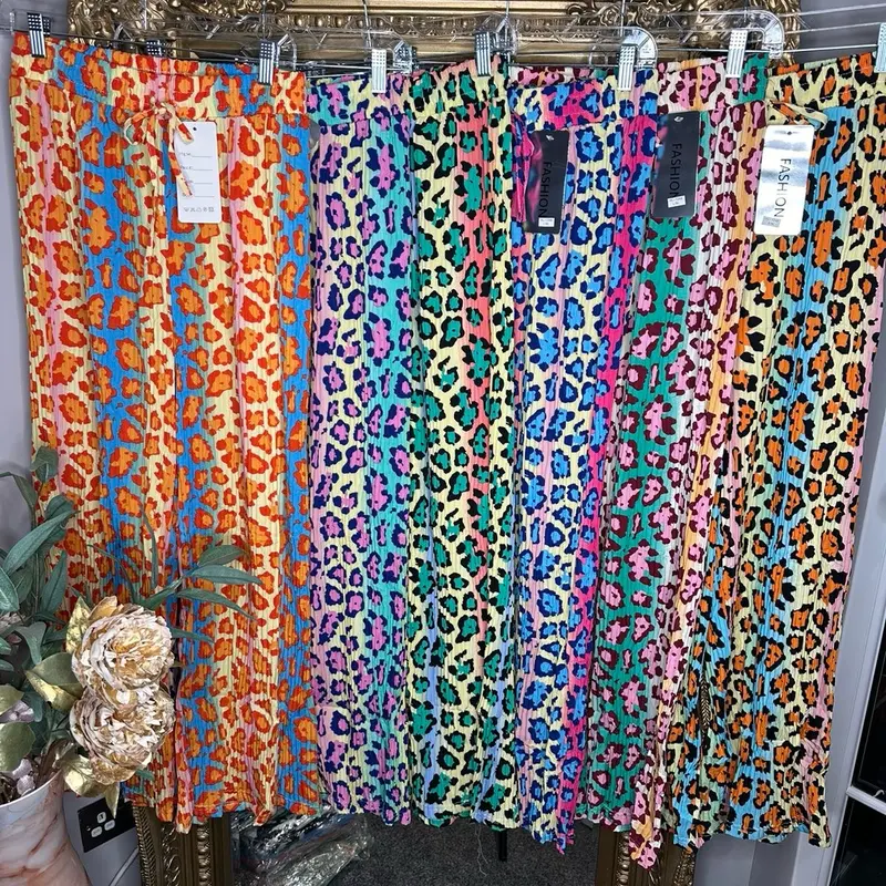 CW Multicolour Leopard Plisse Pleated Bottoms Comfortable Womenswear Trouser casual holiday 0