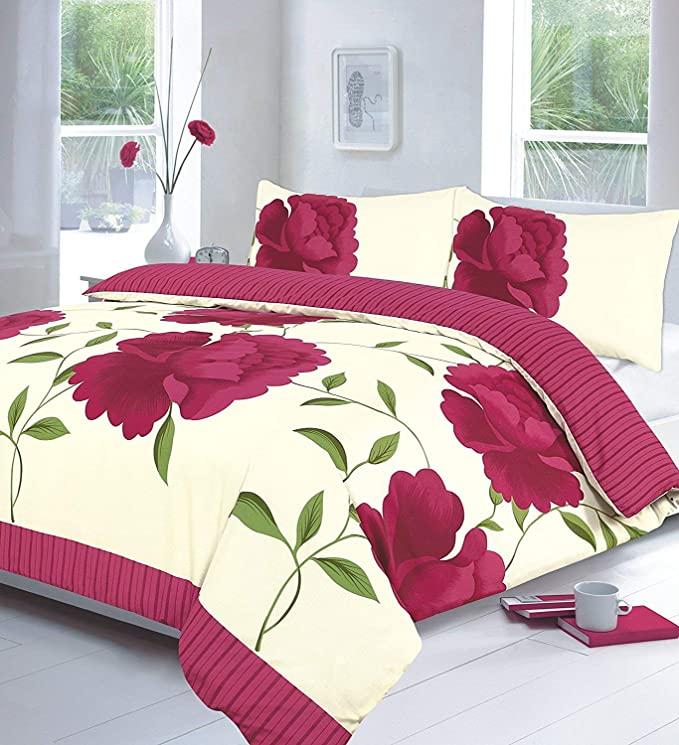 Rosaleen Floral Duvet Cover Sets with Pillowcases Flowery Pattern, Black Yellow Red Teal Fuchsia Chocolate Lilac Duvet Set - Single Double King Super King Bed Sizes IK 6