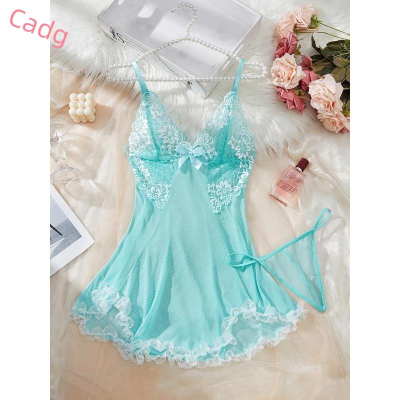 Women's Contrast Lace Bow Decor Cami Nightdress & Panty Two-Piece Set, Solid Color Deep V Neck Nightgown & Panty, Ladies Sleepwear for All Seasons Womenswear Loungewear 3