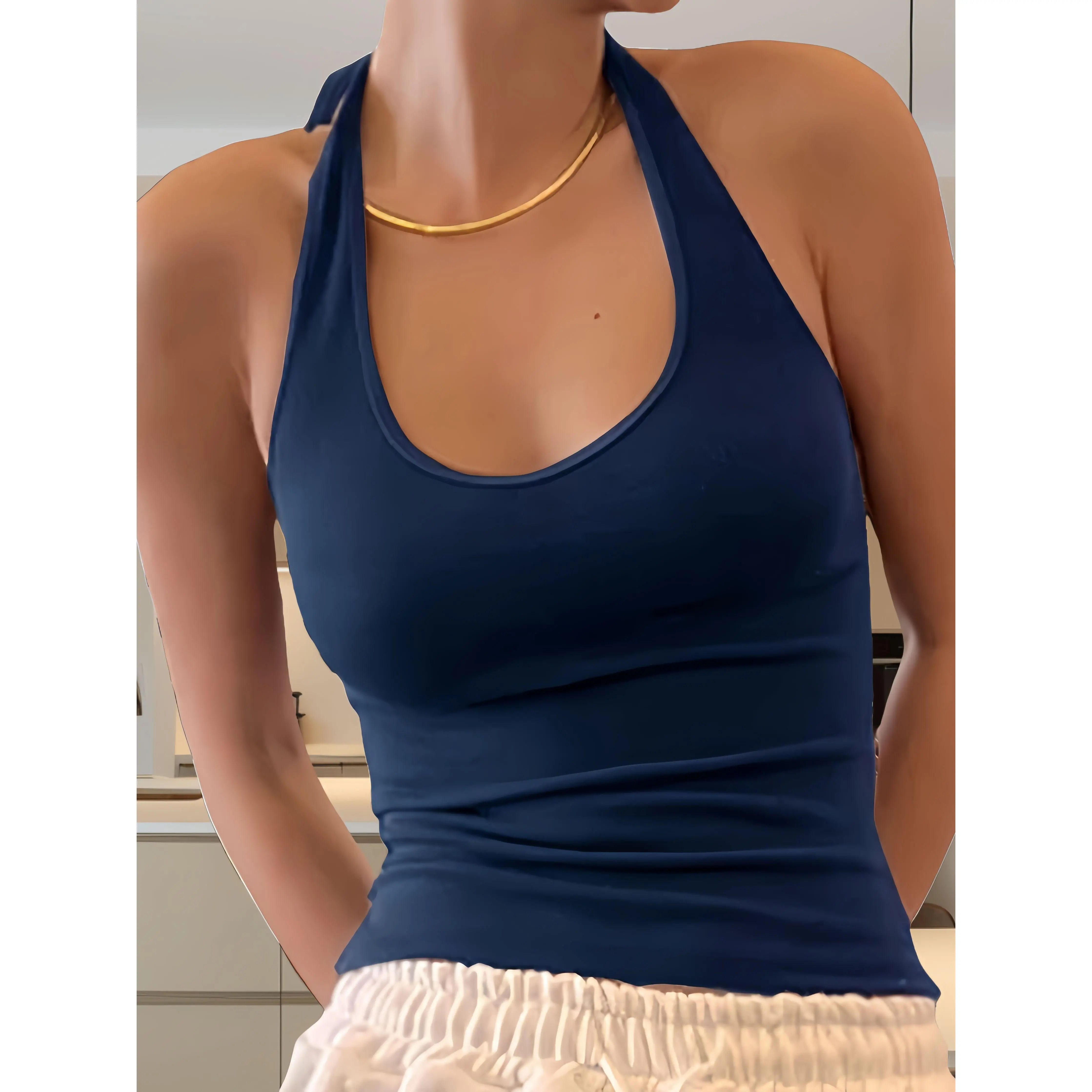 Elegant and Comfortable Halter Neck Top for Women - Polyester Knit Fabric with Elastane, Solid Color, Backless Design - Ideal for Spring, Summer, Fall Womenswear Basic