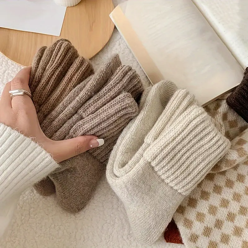 A&H     Women's Soft and Cozy Thick Terry Snow Socks (5 Pairs) - Mid-Calf Length, in Beige and Brown Solid Colors, Polyester Blend, Perfect for Cold Weather, Adorable and Warm 8
