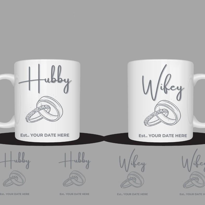 CUSTOMISED HUBBY  AND WIFEY MATCHING MUGS PERFECT FOR ANNIVERSARY OR WEDDING GIFT, personalised with name or date, various designs available 7