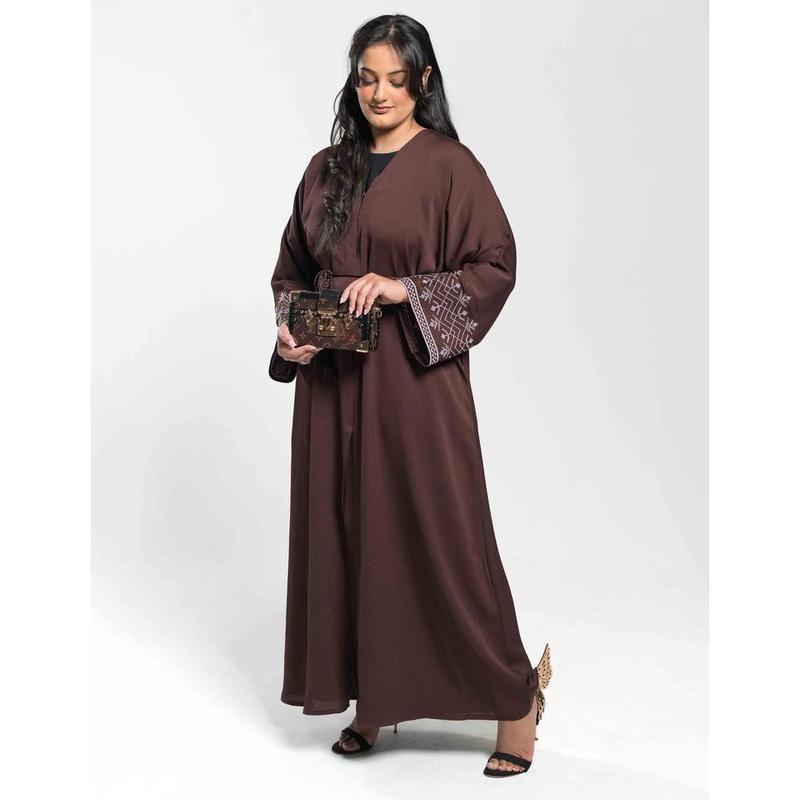 Open Brown Abaya with White Embroidery 3