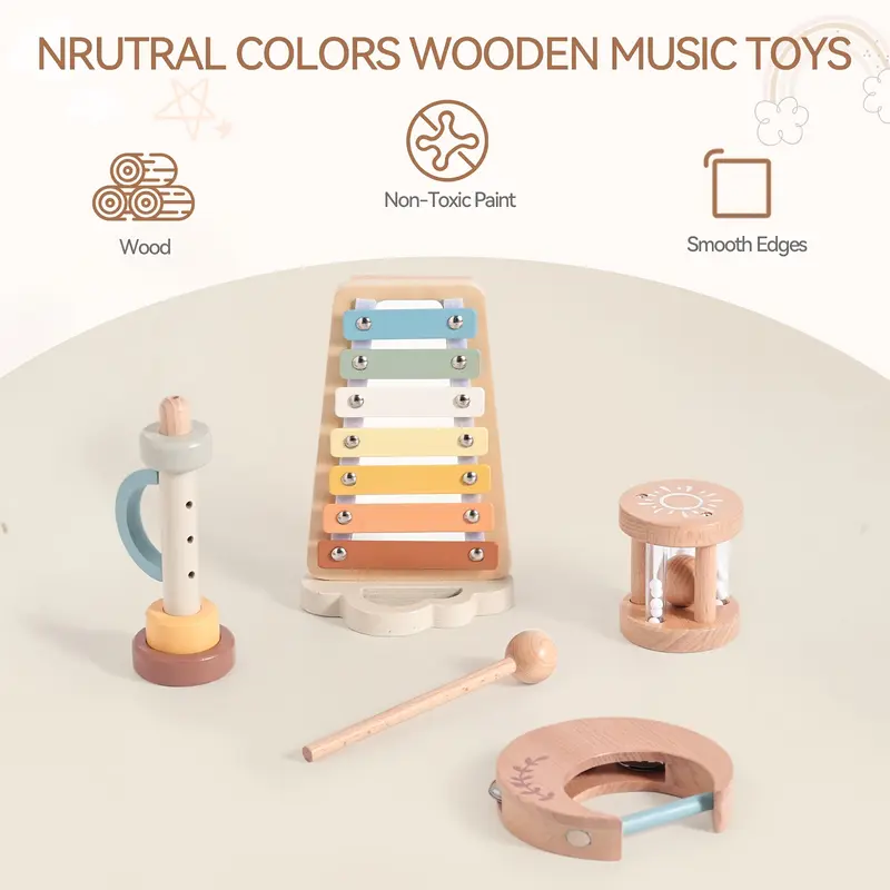 Wooden Early Education Music Cloud Piano Toy with Sun Rattle and Moon-Shaped Hand Drum for Christmas, Halloween, Thanksgiving, and Birthday Gifts 6