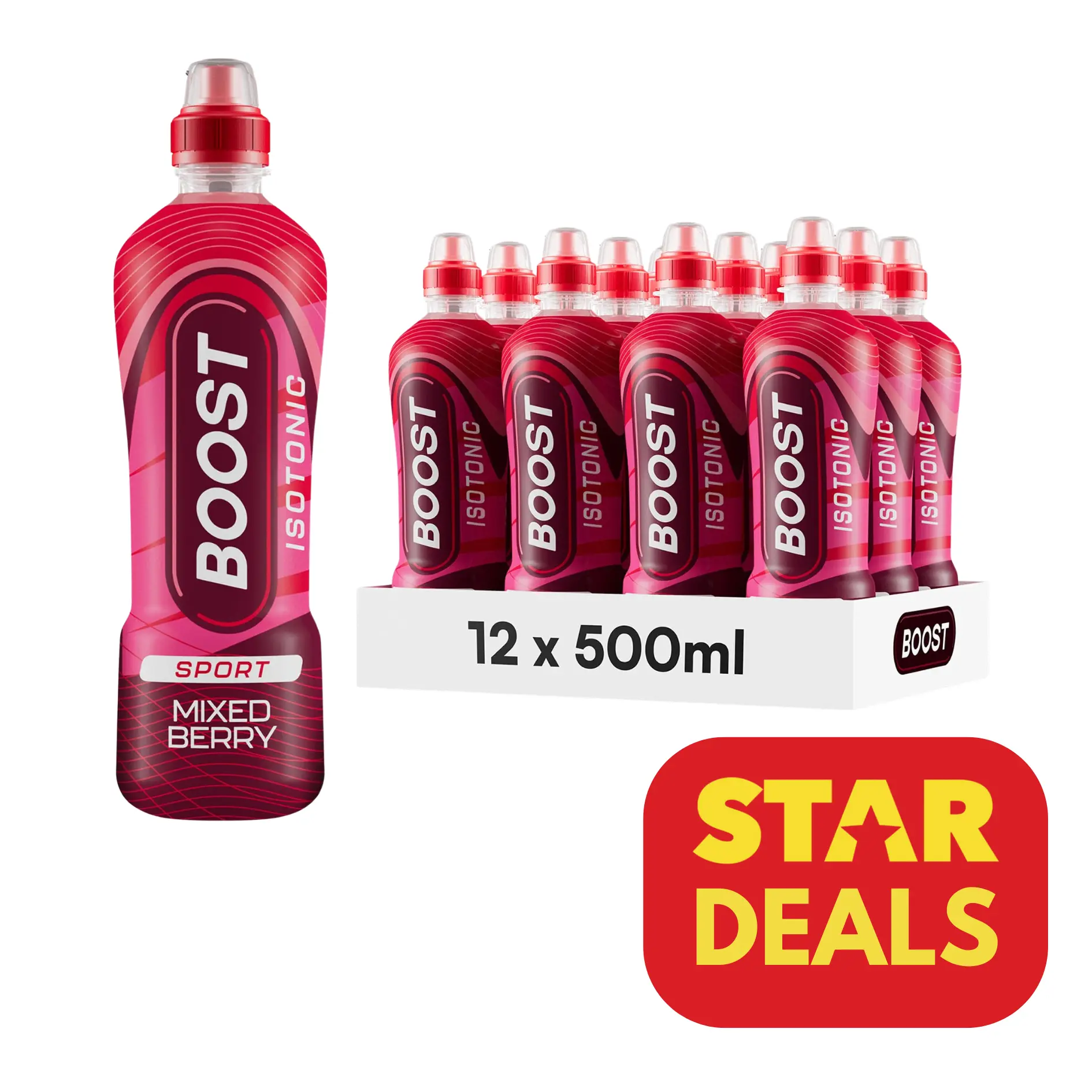 Boost Isotonic Mixed Berry Flavour | 12 x 500ml bottles | Power up your performance with a sweet berry blast | best before 30th June 2025
