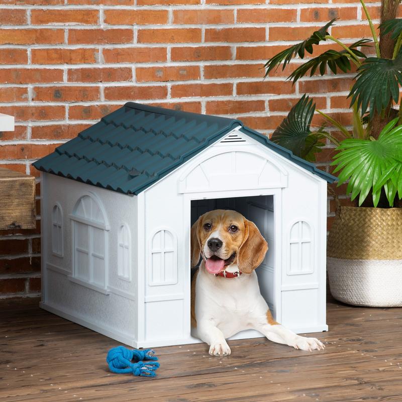 PawHut Plastic Weather-Resistant Dog House, for Indoors and Outdoors, Medium Dogs - White and Blue 1