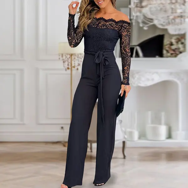 ChicMe Women's Off Shoulder Long Sleeve Eyelash Lace Patch Slim Fit Jumpsuit Tied Detail Casual Overalls